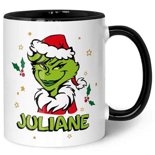 GRAVURZEILE Bedruckte Tasse - Weiblicher Grinch - Personalisiert mit Namen - Spülmaschinenfest & Mikrowelle geeignet - Weihnachtstasse als Geschenk für Sie & Ihn zu Weihnachten - Grinch Frau S/W von GRAVURZEILE