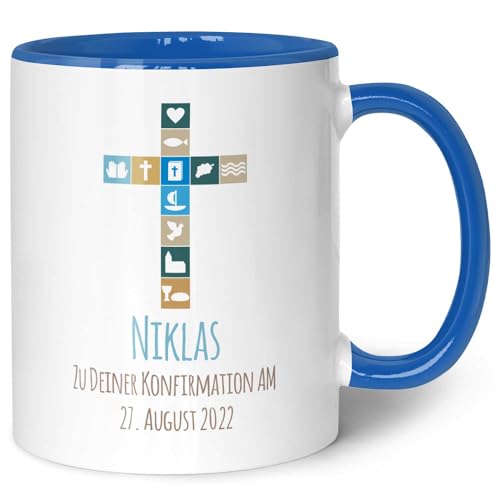 GRAVURZEILE Bedruckte Tasse - Zur Konfirmation V2 - Personalisiert mit Name & Datum - Gastgeschenk zur Kommunion Konfirmation Firmung - Geschenk für Jungen Mädchen - Farbe: Blau von GRAVURZEILE