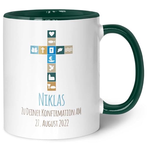 GRAVURZEILE Bedruckte Tasse - Zur Konfirmation V2 - Personalisiert mit Name & Datum - Gastgeschenk zur Kommunion Konfirmation Firmung - Geschenk für Jungen Mädchen - Farbe: Dunkelgrün von GRAVURZEILE