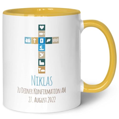 GRAVURZEILE Bedruckte Tasse - Zur Konfirmation V2 - Personalisiert mit Name & Datum - Gastgeschenk zur Kommunion Konfirmation Firmung - Geschenk für Jungen Mädchen - Farbe: Gelb von GRAVURZEILE