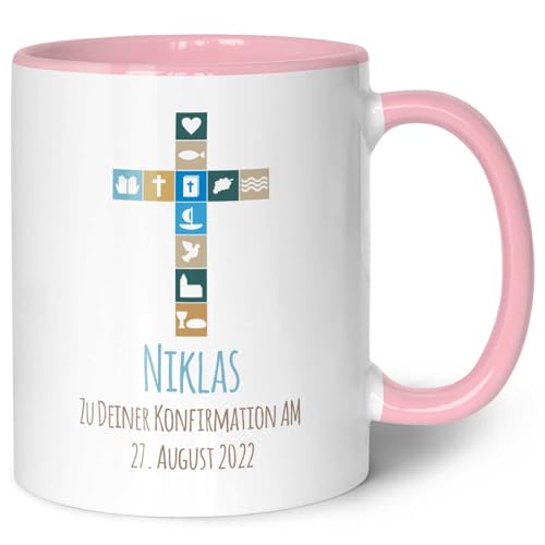 GRAVURZEILE Bedruckte Tasse - Zur Konfirmation V2 - Personalisiert mit Name & Datum - Gastgeschenk zur Kommunion Konfirmation Firmung - Geschenk für Jungen Mädchen - Farbe: Rosa von GRAVURZEILE