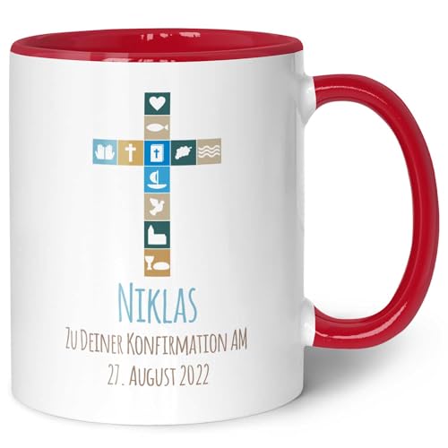 GRAVURZEILE Bedruckte Tasse - Zur Konfirmation V2 - Personalisiert mit Name & Datum - Gastgeschenk zur Kommunion Konfirmation Firmung - Geschenk für Jungen Mädchen - Farbe: Rot von GRAVURZEILE