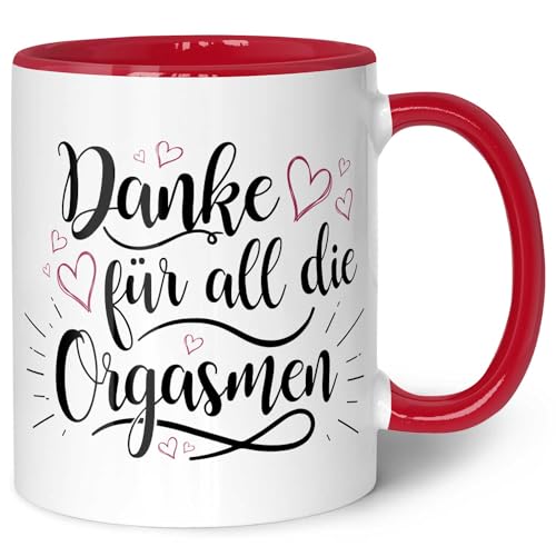 GRAVURZEILE Bedruckte Tasse mit Spruch - Danke für all die Orgasmen - Kaffeetasse mit Spruch - Geschenk zum Valentinstag - Spülmaschine geeignet - Geschenke für Sie & Ihn - Farbe: Rot von GRAVURZEILE