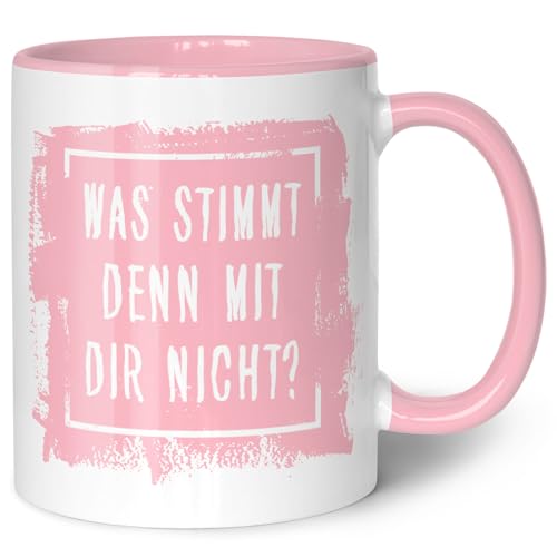 GRAVURZEILE Bedruckte Tasse mit Spruch - Was stimmt denn mit Dir nicht? - Spülmaschinenfest - Geschenke für Freunde & Kollegen - Geschenk für Büro & Alltag - Farbe: Rosa von GRAVURZEILE