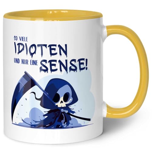 GRAVURZEILE Bedruckte Tasse mit Spruch in Blau - So viele Idioten und nur eine Sense - Spülmaschinenfest - Lustige Geschenke für Arbeitskollegen im Büro - Geschenk für Sie & Ihn - Gelb von GRAVURZEILE