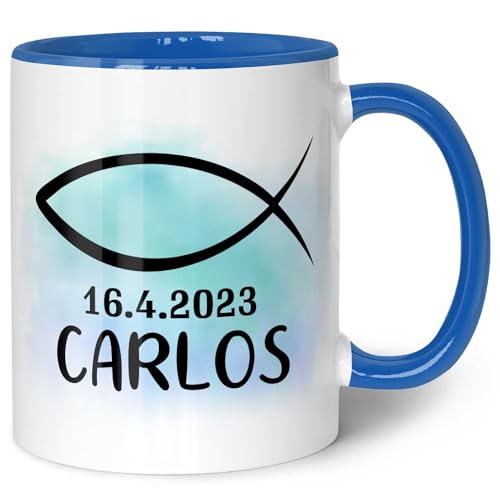 GRAVURZEILE Bedruckte Tasse - zur Konfirmation - Personalisiert mit Namen & Datum - Gastgeschenk zur Kommunion Konfirmation oder Firmung - Geschenk für Jungen & Mädchen - Farbe: Boy Blau von GRAVURZEILE