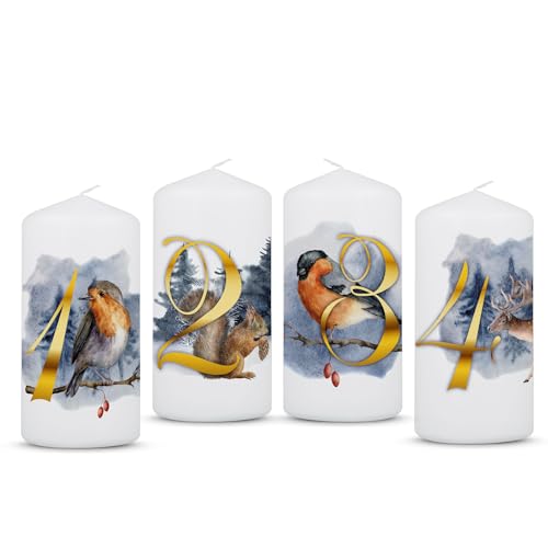 GRAVURZEILE Bedruckte Weihnachtskerzen - Advent Tiermotive - Kleine Kerzen im 4er Set für den Adventskranz - Dekoration zu Weihnachten - Geschenk für Sie & Ihn - Stumpenkerze 120/58 mm von GRAVURZEILE