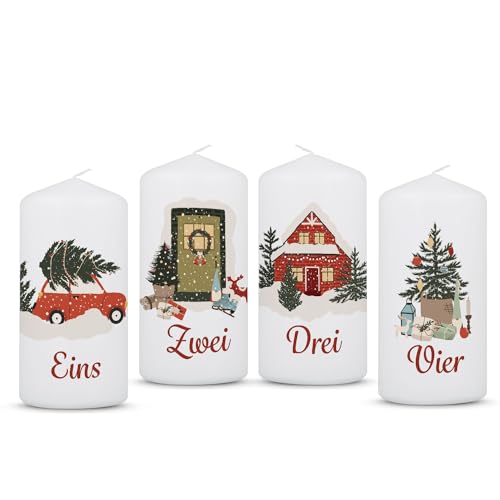 GRAVURZEILE Bedruckte Weihnachtskerzen - Advent Weihnachtsmotive - Kleine Kerzen im 4er Set für den Adventskranz - Dekoration zu Weihnachten - Geschenk für Sie & Ihn - Stumpenkerze 120/58 mm von GRAVURZEILE