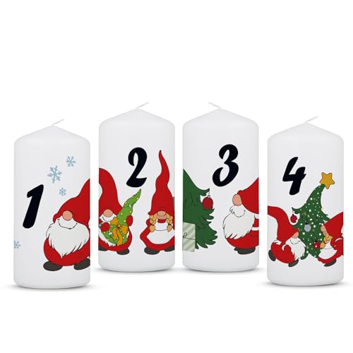 GRAVURZEILE Bedruckte Weihnachtskerzen - Advent Wichtel - Kleine Kerzen im 4er Set für den Adventskranz - Dekoration zu Weihnachten - Geschenk für Sie & Ihn - Stumpenkerze 120/58 mm von GRAVURZEILE