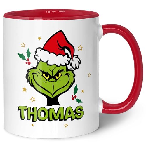 GRAVURZEILE Bedruckte Weihnachtstasse - Grinch MiMiMi - Personalisiert mit Name - Spülmaschinenfest & Mikrowelle geeignet - Tasse als Geschenk für Sie & Ihn zu Weihnachten - Rot mit Name von GRAVURZEILE