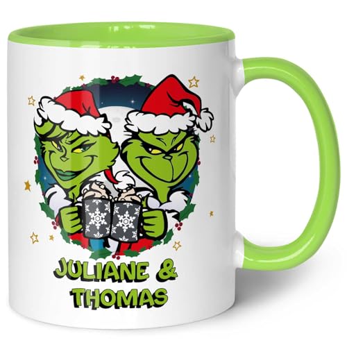 GRAVURZEILE Bedruckte Weihnachtstasse - Grinch Paar - Personalisiert mit Name - Spülmaschinenfest & Mikrowelle geeignet - Weihnachtstasse als Geschenk für Sie & Ihn zu Weihnachten - Hellgrün von GRAVURZEILE