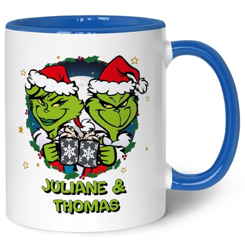 GRAVURZEILE Bedruckte Weihnachtstasse - Grinch Paar - Personalisiert mit Name - Spülmaschinenfest & Mikrowelle geeignet - Weihnachtstasse als Geschenk für Sie & Ihn zu Weihnachten - Blau von GRAVURZEILE