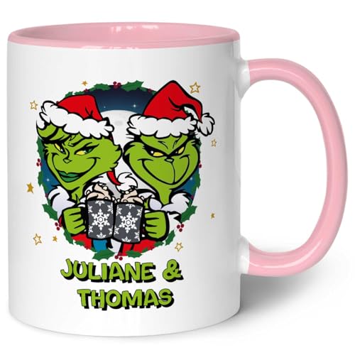 GRAVURZEILE Bedruckte Weihnachtstasse - Grinch Paar - Personalisiert mit Name - Spülmaschinenfest & Mikrowelle geeignet - Weihnachtstasse als Geschenk für Sie & Ihn zu Weihnachten - Rosa von GRAVURZEILE