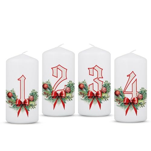 GRAVURZEILE Bedruckte kleine Weihnachtskerze - Advent Floral - Kleine Kerzen im 4er Set für den Adventskranz - Dekoration zu Weihnachten - Geschenk zu für Sie & Ihn - Stumpenkerze 120/58 mm von GRAVURZEILE