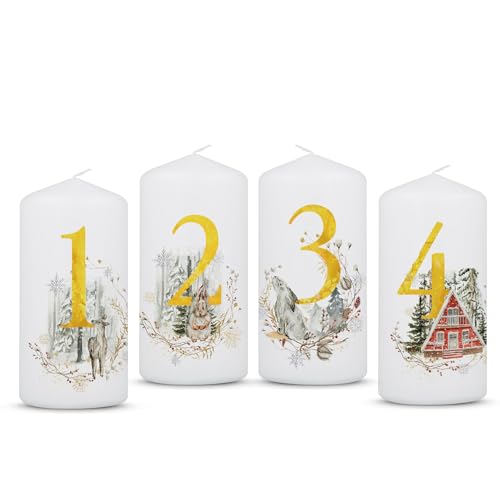 GRAVURZEILE Bedruckte kleine Weihnachtskerze - Advent Goldziffern - Kleine Kerzen im 4er Set für den Adventskranz - Dekoration zu Weihnachten - Stumpenkerze 120/58 mm von GRAVURZEILE