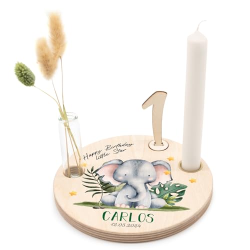 GRAVURZEILE Bedruckter Geburtstagsteller aus Holz - Safaritiere Elefant - Personalisiert mit Name & Datum - inkl. Kerzenhalter, Glasvase & Zahlen 0-9 - Geschenk für Baby & Kinder zum Geburtstag GRAVURZEILE Bedruckter Geburtstagsteller aus Holz - Safaritiere Elefant - Personalisiert mit Name & Datum - inkl. Kerzenhalter, Glasvase & Zahlen 0-9 - Geschenk für Baby & Kinder zum Geburtstag von GRAVURZEILE