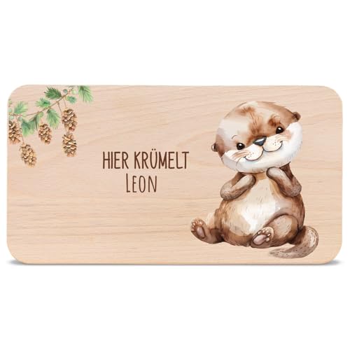 GRAVURZEILE - Bedrucktes Frühstücksbrettchen aus Holz - Hier Krümelt Otter - Personalisiert mit Namen - Geschenk für Kinder - Lebensmittelechter, umweltfreundlich Druck (GreenGuard Gold) von GRAVURZEILE