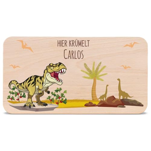 GRAVURZEILE - Bedrucktes Frühstücksbrettchen aus Holz - T-Rex Design - Personalisiert mit Namen - Lebensmittelechter umweltfreundlich zertifizierter Druck (GreenGuard Gold) - Farbe: Gelb von GRAVURZEILE