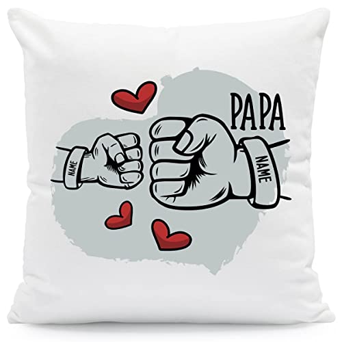 GRAVURZEILE Bedrucktes Kissen - Papa Fist Bump - Personalisiert mit Namen & Datum - Persönliches Geschenk für Papa Vater zum Vatertag Geburtstag - Farbe 1 Kind, Größe mit Füllung von GRAVURZEILE