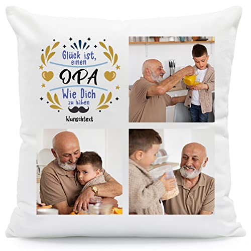 GRAVURZEILE Bedrucktes Kissen mit Motiv - Glück ist einen Opa wie Dich zu haben - Personalisiert mit eigenem Foto & Text - Geschenk zum Vatertag für Opa - Farbe: Opa - Größe: mit Füllung von GRAVURZEILE