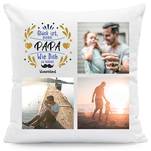 GRAVURZEILE Bedrucktes Kissen mit Motiv - Glück ist einen Papa wie Dich zu haben - Personalisiert mit eigenem Foto & Text - Geschenk zum Vatertag für Papa - Farbe: Papa - Größe: Mit Füllung von GRAVURZEILE