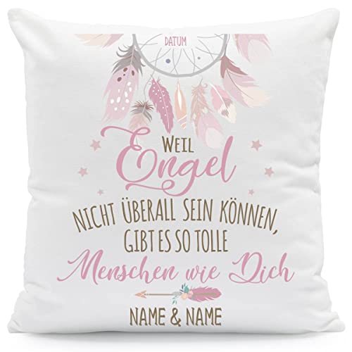 GRAVURZEILE Bedrucktes Kissen mit Motiv - Weil Engel Nicht überall Sein können - Personalisiert mit Namen & Datum - Geschenk zum Geburtstag Größe mit Füllung von GRAVURZEILE