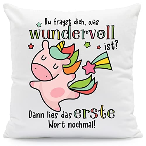 GRAVURZEILE Bedrucktes Kissen mit Spruch - Du fragst Dich, was wundervoll ist - Niedliche Geschenke mit Einhorn - Geschenk für Mama Freundin Mädchen zum Muttertag Geburtstag Weihnachten - mit Füllung von GRAVURZEILE