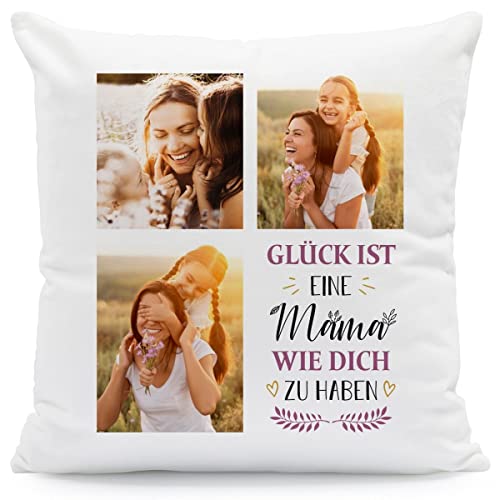 GRAVURZEILE Bedrucktes Kissen mit Spruch - Glück ist eine Mama wie Dich zu haben & eigenen Fotos - Herzliche Geschenke - Geschenk für Mama Mutter zum Muttertag Geburtstag Weihnachten - mit Füllung von GRAVURZEILE