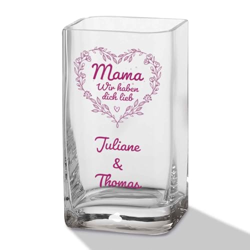 GRAVURZEILE Blumenvase mit UV Druck - Mama (Wir haben...) - Personalisiert mit Namen - Moderne Vase aus Glas - Personalisierte Geschenke für Frauen - Deko Geschenkidee zum Muttertag - 20x11cm von GRAVURZEILE