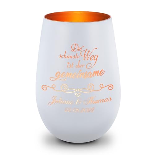 GRAVURZEILE Deko Windlicht aus Glas mit Gravur - Der schönste Weg ist der gemeinsame - Personalisiert mit Namen & Datum - Persönliche Geschenke zur Hochzeit Verlobung für Sie & Ihn - Weiß/Bronze von GRAVURZEILE