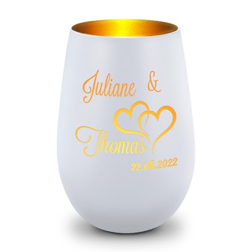 GRAVURZEILE Deko Windlicht aus Glas mit Gravur - Die große Liebe - Personalisiert mit Name & Datum - Persönliche Geschenke für Frauen und Männer zur Hochzeit - Weiß/Gold von GRAVURZEILE