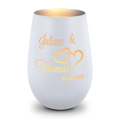 GRAVURZEILE Deko Windlicht aus Glas mit Gravur - Die große Liebe - Personalisiert mit Name & Datum - Persönliche Geschenke für Frauen und Männer zur Hochzeit - Weiß/Silber von GRAVURZEILE