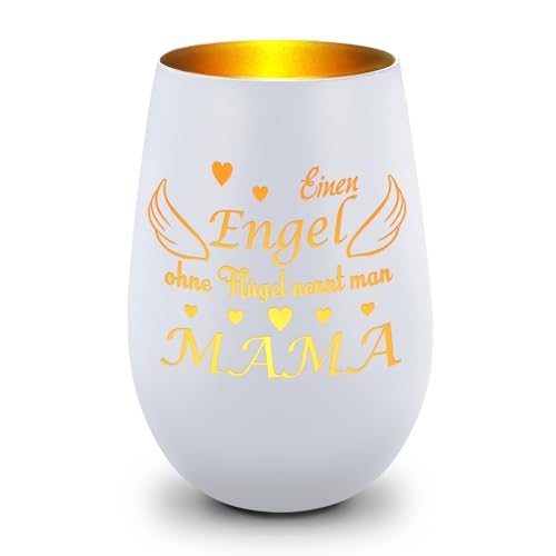 GRAVURZEILE Deko Windlicht aus Glas mit Gravur - Einen Engel ohne Flügel nennt Man Mama - Ideal für Teelichter und Kerzen - Geschenke für Frauen - Geschenk zum Muttertag für Sie - Weiß/Gold von GRAVURZEILE