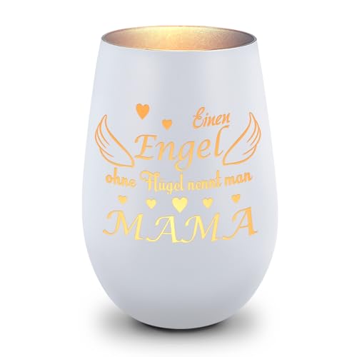 GRAVURZEILE Deko Windlicht aus Glas mit Gravur - Einen Engel ohne Flügel nennt Man Mama - Ideal für Teelichter und Kerzen - Geschenke für Frauen - Geschenk zum Muttertag für Sie - Weiß/Silber von GRAVURZEILE