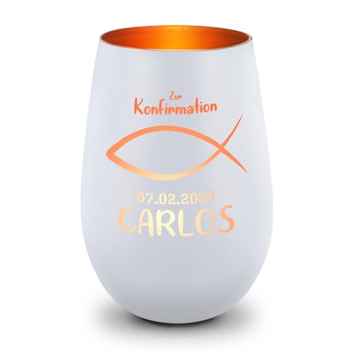 GRAVURZEILE Deko Windlicht aus Glas mit Gravur - Fisch - Zur Kommunion Konfirmation & Taufe - Personalisiert mit Anlass Name Datum - Personalisierte Geschenke für Mädchen & Jungen - Weiß/Bronze GRAVURZEILE Deko Windlicht aus Glas mit Gravur - Fisch - Zur Kommunion Konfirmation & Taufe - Personalisiert mit Anlass Name Datum - Personalisierte Geschenke für Mädchen & Jungen - Weiß/Bronze von GRAVURZEILE