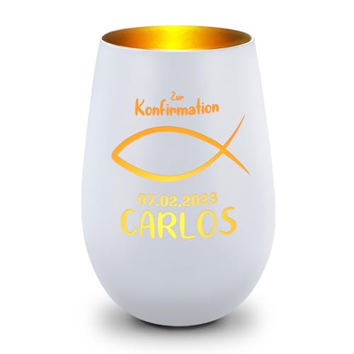 GRAVURZEILE Deko Windlicht aus Glas mit Gravur - Fisch - Zur Kommunion Konfirmation & Taufe - Personalisiert mit Anlass Name Datum - Personalisierte Geschenke für Mädchen & Jungen - Weiß/Gold von GRAVURZEILE