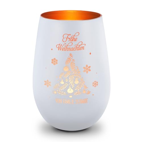 GRAVURZEILE Deko Windlicht aus Glas mit Gravur - Frohe Weihnachten - Personalisiert mit Namen - Geschenke für Frauen und Männer - Personalisiertes Geschenk für Sie & Ihn - Weiß/Bronze von GRAVURZEILE