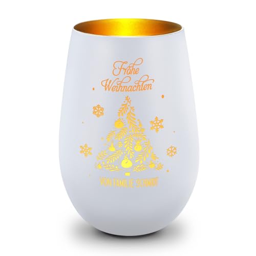 GRAVURZEILE Deko Windlicht aus Glas mit Gravur - Frohe Weihnachten - Personalisiert mit Namen - Geschenke für Frauen und Männer - Personalisiertes Geschenk für Sie & Ihn - Weiß/Gold von GRAVURZEILE