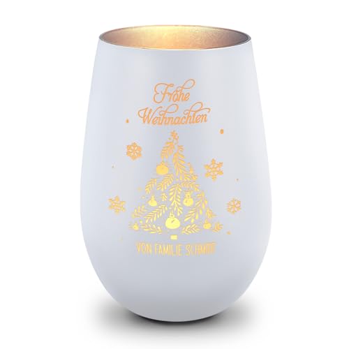 GRAVURZEILE Deko Windlicht aus Glas mit Gravur - Frohe Weihnachten - Personalisiert mit Namen - Geschenke für Frauen und Männer - Personalisiertes Geschenk für Sie & Ihn - Weiß/Silber von GRAVURZEILE