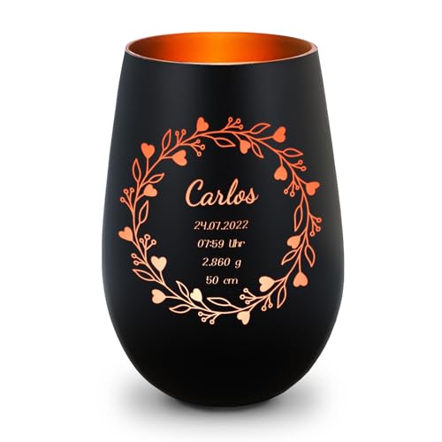 GRAVURZEILE Deko Windlicht aus Glas mit Gravur - Geschenk zur Geburt - Personalisiert mit Name - Ideal für Teelichter und Kerzen - Persönliche Geschenke für Eltern Mama & Papa - Schwarz/Bronze von GRAVURZEILE