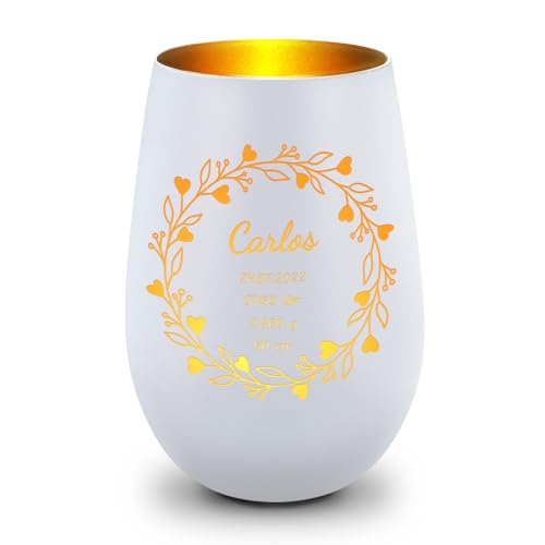 GRAVURZEILE Deko Windlicht aus Glas mit Gravur - Geschenk zur Geburt - Personalisiert mit Name - Ideal für Teelichter und Kerzen - Persönliche Geschenke für Eltern Mama & Papa - Weiß/Gold von GRAVURZEILE