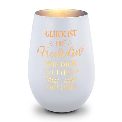 GRAVURZEILE Deko Windlicht aus Glas mit Gravur - Glück ist eine Freundin wie Dich zu haben - Personalisiert mit Namen - Ideal für Teelicht und Kerzen - Persönliches Geschenk - Weiß/Silber von GRAVURZEILE