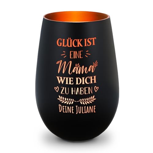 GRAVURZEILE Deko Windlicht aus Glas mit Gravur - Glück ist eine Mama wie Dich zu haben - Personalisiert mit Namen - Persönliche Geschenke für Mama & Oma zum Muttertag - Schwarz/Bronze von GRAVURZEILE