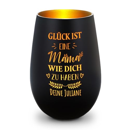 GRAVURZEILE Deko Windlicht aus Glas mit Gravur - Glück ist eine Mama wie Dich zu haben - Personalisiert mit Namen - Persönliche Geschenke für Mama & Oma zum Muttertag - Schwarz/Gold von GRAVURZEILE