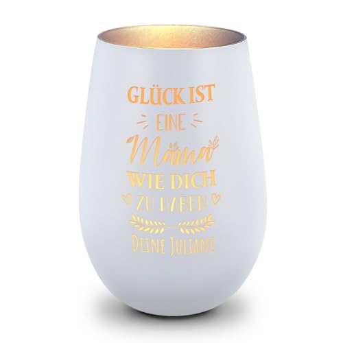 GRAVURZEILE Deko Windlicht aus Glas mit Gravur - Glück ist eine Mama wie Dich zu haben - Personalisiert mit Namen - Persönliche Geschenke für Mama & Oma zum Muttertag - Weiß/Silber von GRAVURZEILE