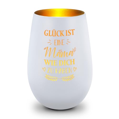 GRAVURZEILE Deko Windlicht aus Glas mit Gravur - Glück ist eine Mama wie Dich zu haben - Schönes Geschenk für die Beste Mama & Oma der Welt zum Muttertag Geburtstag - Weiß/Gold von GRAVURZEILE