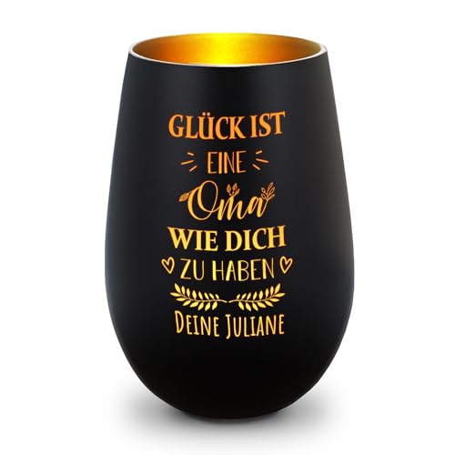 GRAVURZEILE Deko Windlicht aus Glas mit Gravur - Glück ist eine Oma wie Dich zu haben - Personalisiert mit Namen - Persönliches Geschenk für die Beste Oma zum Muttertag Geburtstag - Schwarz/Gold von GRAVURZEILE