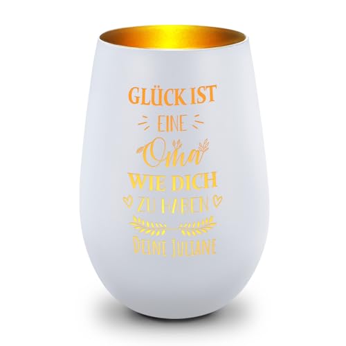 GRAVURZEILE Deko Windlicht aus Glas mit Gravur - Glück ist eine Oma wie Dich zu haben - Personalisiert mit Namen - Persönliches Geschenk für die Beste Oma zum Muttertag Geburtstag - Weiß/Gold von GRAVURZEILE