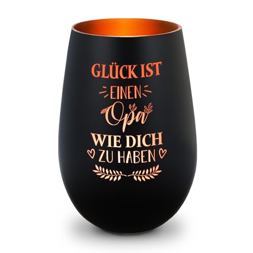 GRAVURZEILE Deko Windlicht aus Glas mit Gravur - Glück ist einen Opa wie Dich zu haben - Persönliches Geschenk für den besten Opa der Welt zum Vatertag oder Geburtstag - Schwarz/Bronze von GRAVURZEILE