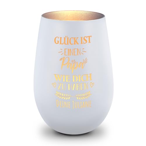 GRAVURZEILE Deko Windlicht aus Glas mit Gravur - Glück ist einen Papa wie Dich zu haben - Personalisiert mit Namen - Schönes Geschenk für den besten Papa zum Vatertag Geburtstag - Weiß/Silber von GRAVURZEILE